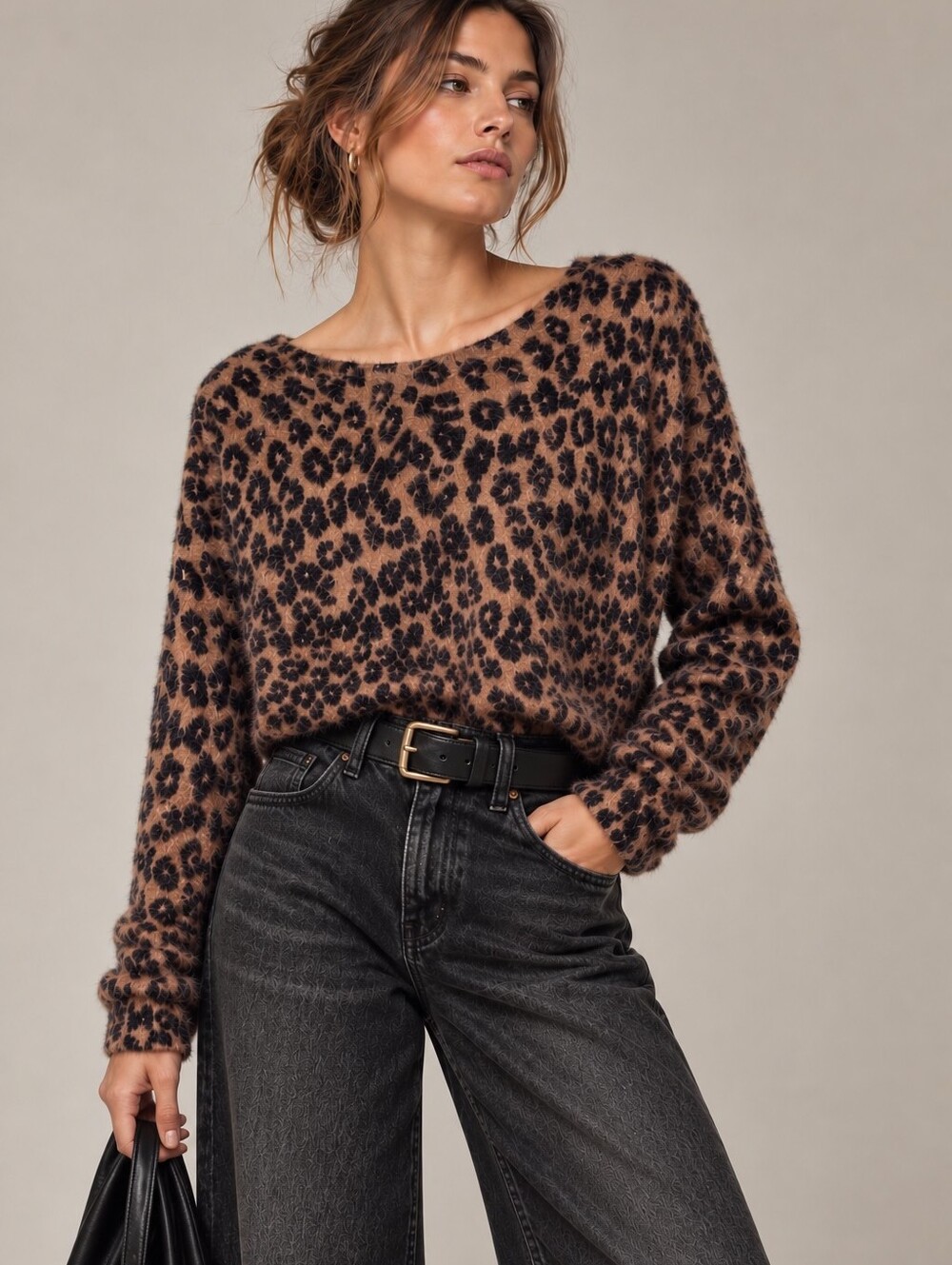 PILCRO x ANTHROPOLOGIE Leopard Print Eyelash Cropped Drapey Sweater Small